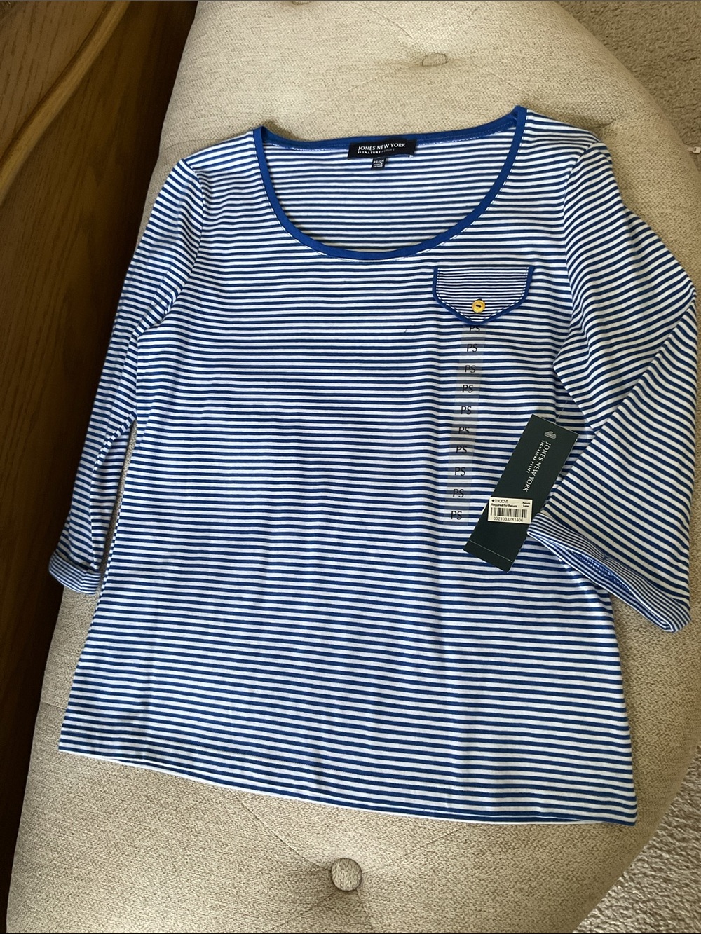 Jones New York Blue & White Striped Scoop-Neck Top with Pocket Accent S